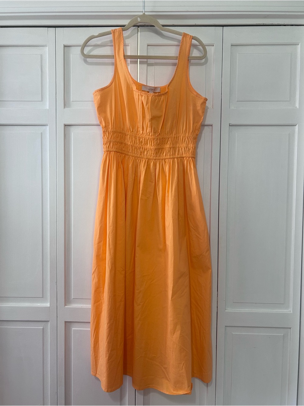 LOFT Smocked Tank Midi Dress in a vibrant sherbet orange S
